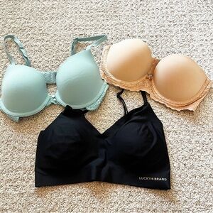 Aerie Bra 32B T-Shirt Bra Everyday Lace Trim Tan Black Green Push Up Lot 3x